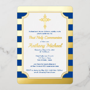 Gold Foil Striped 1st Community Invite with Cross Folie Uitnodiging