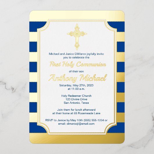 Gold Foil Striped 1st Community Invite with Cross Folie Uitnodiging (Voorkant)