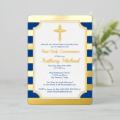 Gold Foil Striped 1st Community Invite with Cross Folie Uitnodiging (Staand Voorkant)