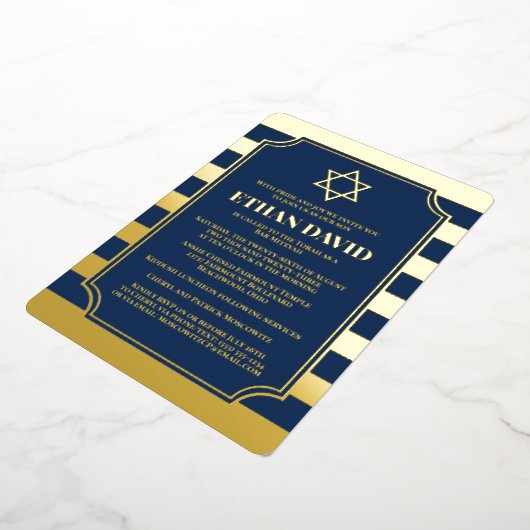 Gold Foil Striped Bar Mitzvah Invite with Star Folie Uitnodiging (Gedraaid)