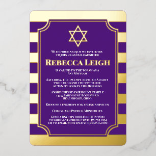 Gold Foil Striped Bat Mitzvah Invite with Star Folie Uitnodiging