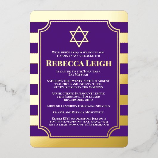Gold Foil Striped Bat Mitzvah Invite with Star Folie Uitnodiging (Voorkant)