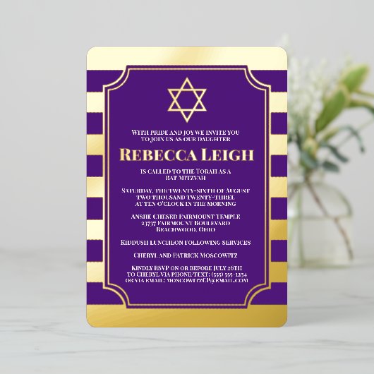 Gold Foil Striped Bat Mitzvah Invite with Star Folie Uitnodiging (Staand Voorkant)