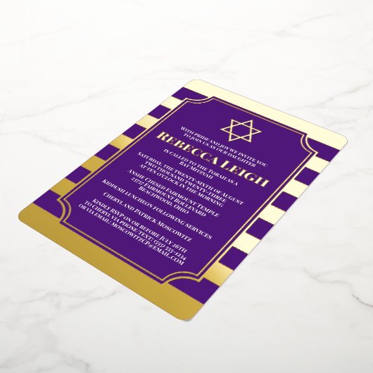 Gold Foil Striped Bat Mitzvah Invite with Star Folie Uitnodiging (Gedraaid)