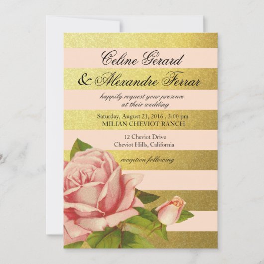 Gold Foil Striped  Floral | gouden zwarte roze Kaart (Voorkant)
