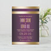 Gold Foil Stripes Dark Paars Wedding Kaart (Staand voorkant)
