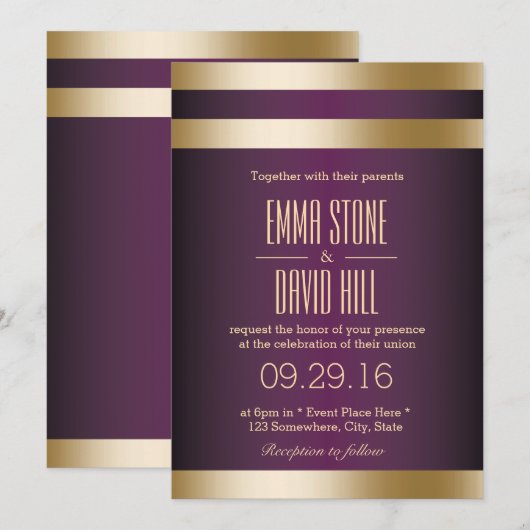 Gold Foil Stripes Dark Paars Wedding Kaart (Voorkant / Achterkant)