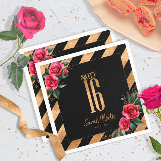 Gold Foil Stripes Floral Black ID757 Servet