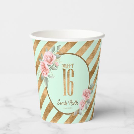 Gold Foil Stripes Floral Mint Green ID757 Papieren Bekers (Achterkant)