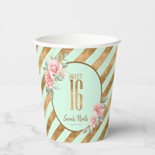 Gold Foil Stripes Floral Mint Green ID757 Papieren Bekers (Voorkant)