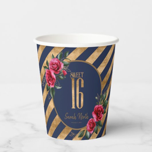 Gold Foil Stripes Floral Navy Blue ID757 Papieren Bekers (Achterkant)
