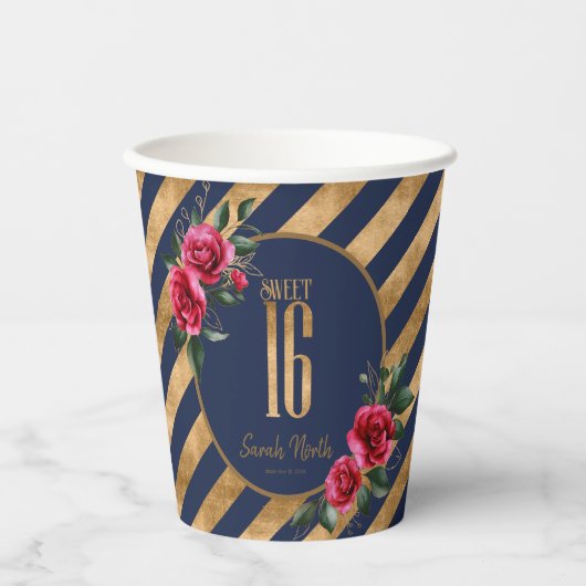 Gold Foil Stripes Floral Navy Blue ID757 Papieren Bekers (Voorkant)