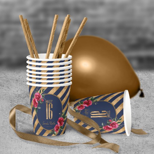Gold Foil Stripes Floral Navy Blue ID757 Papieren Bekers