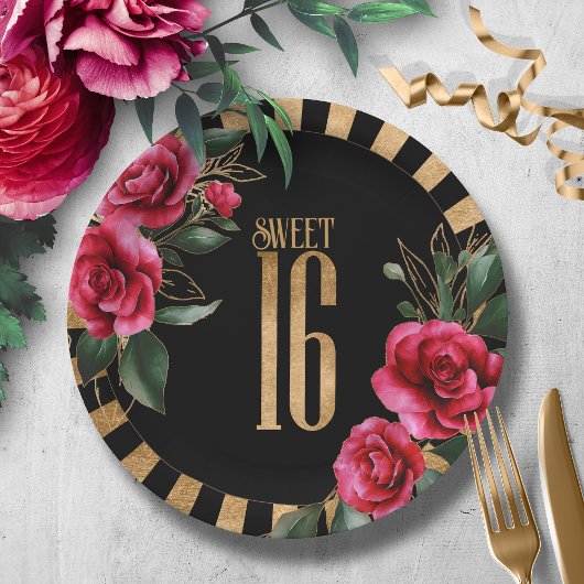 Gold Foil Stripes Floral Sweet Sixteen Black ID757 Papieren Bordje