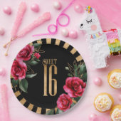 Gold Foil Stripes Floral Sweet Sixteen Black ID757 Papieren Bordje (Feest)
