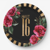 Gold Foil Stripes Floral Sweet Sixteen Black ID757 Papieren Bordje (Voorkant)