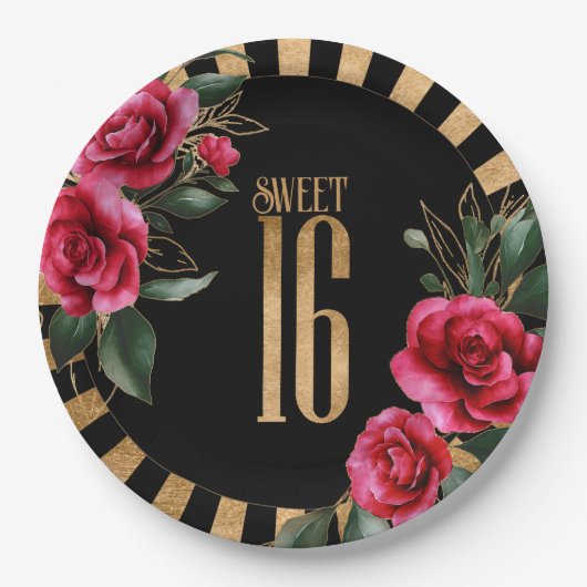 Gold Foil Stripes Floral Sweet Sixteen Black ID757 Papieren Bordje (Voorkant)