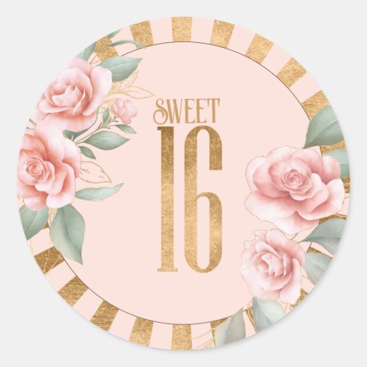 Gold Foil Stripes Floral Sweet Sixteen Blush ID757 Ronde Sticker (Voorkant)