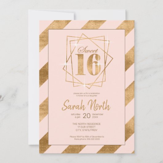 Gold Foil Stripes Lijst Sweet 16 Blush ID758 Kaart (Voorkant)