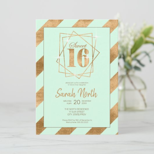Gold Foil Stripes Lijst Sweet 16 Mint ID758 Kaart (Staand voorkant)