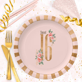 Gold Foil Stripes Sweet Sixteen Blush ID756 Papieren Bordje