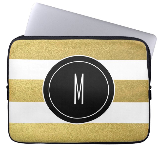 GOLD FOIL STRIPES | ZWARTE MONOGRAM LAPTOP SLEEVE (Voorkant)