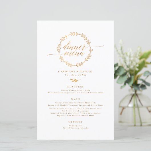 Gold Foil Stylish Calligraphy Wedding Menu (Staand voorkant)