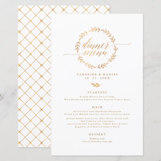 Gold Foil Stylish Calligraphy Wedding Menu (Voorkant / Achterkant)