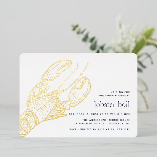 Gold Foil Summer Lobster Boil Party Folie Uitnodiging (Staand Voorkant)