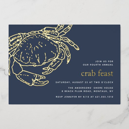 Gold Foil Summer Nautical Crab Feast Folie Uitnodiging (Voorkant)