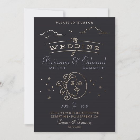 Gold foil Sun en Moon Wedding Invitation Kaart (Voorkant)