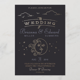 Gold foil Sun en Moon Wedding Invitation Kaart