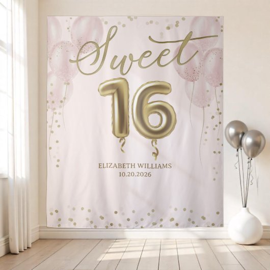 Gold Foil Sweet 16 ballonnen roze achtergrond Wandkleed