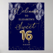 Gold Foil Sweet 16 Balloons Blue Welcome Sign Poster (Voorkant)