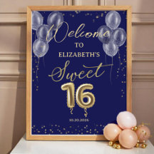 Gold Foil Sweet 16 Balloons Blue Welcome Sign