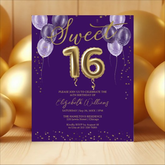 Gold Foil Sweet 16 Balloons Budget Invitations