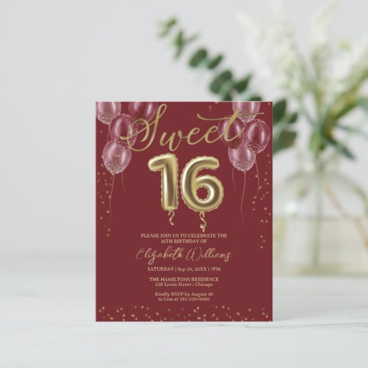 Gold Foil Sweet 16 Balloons Budget Invitations (Staand voorkant)