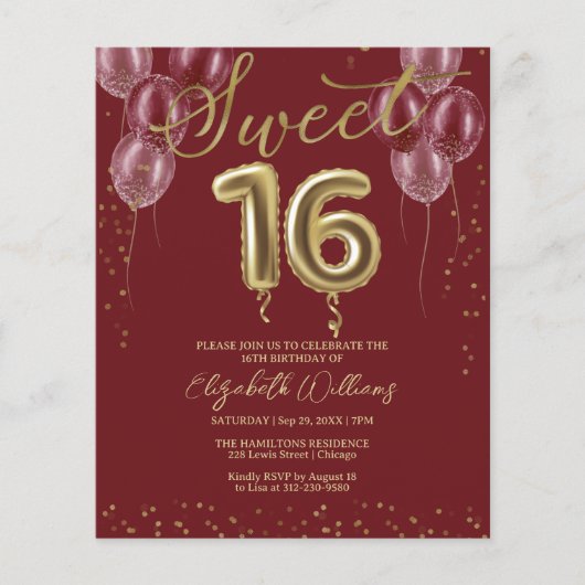 Gold Foil Sweet 16 Balloons Budget Invitations (Voorkant)