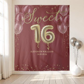 Gold Foil Sweet 16 Balloons Burgundy Backdrop Wandkleed