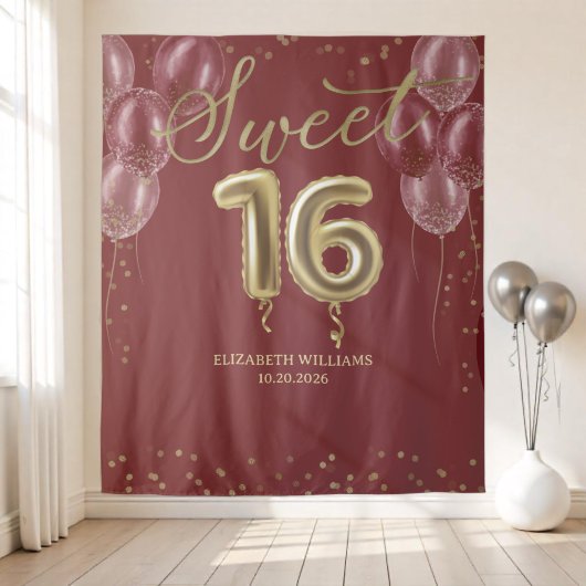 Gold Foil Sweet 16 Balloons Burgundy Backdrop Wandkleed