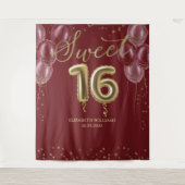 Gold Foil Sweet 16 Balloons Burgundy Backdrop Wandkleed (Voorkant)
