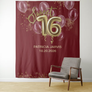 Gold Foil Sweet 16 Balloons Burgundy Backdrops Wandkleed