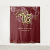 Gold Foil Sweet 16 Balloons Burgundy Backdrops Wandkleed (Voorkant)