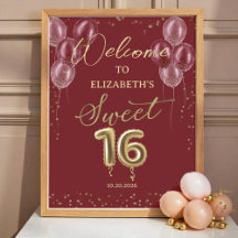 Gold Foil Sweet 16 Balloons Burgundy Welcome Sign