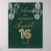 Gold Foil Sweet 16 Balloons Green Welcome Sign Poster (Voorkant)