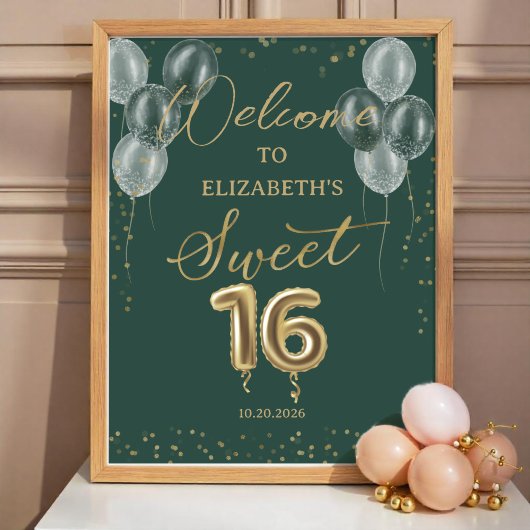 Gold Foil Sweet 16 Balloons Green Welcome Sign Poster