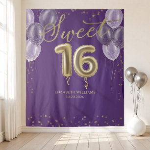 Gold Foil Sweet 16 Balloons Partij Paarse achtergr Wandkleed