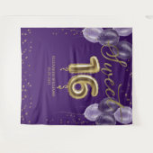 Gold Foil Sweet 16 Balloons Partij Paarse achtergr Wandkleed (Voorkant (horizontaal))