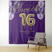 Gold Foil Sweet 16 Balloons Partij Paarse achtergr Wandkleed (In situ)