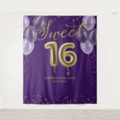Gold Foil Sweet 16 Balloons Partij Paarse achtergr Wandkleed (Voorkant)